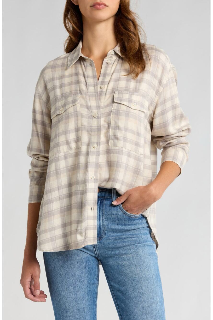 Boxy Plaid Flannel Button-Up Shirt